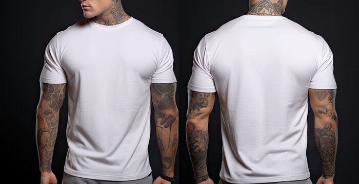 Tattooed man wearing white tshirt on black background, Male model wearing a white half sleeves tshirt on a Black background, front view and back view, top section cropped, AI Generated