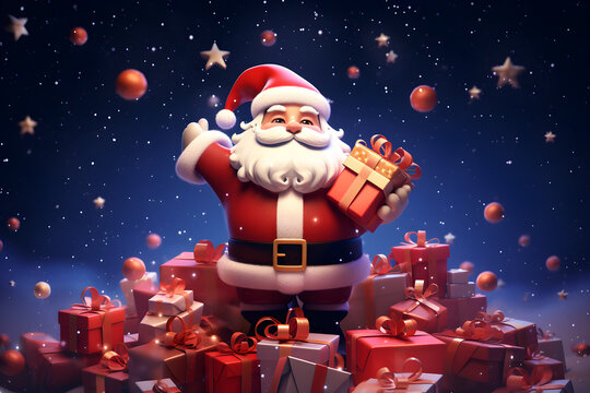 a santa claus standing on a pile of presents