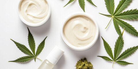 Fototapeta na wymiar Cannabis cream with marijuana leaf on white background. Concept of herbal alternative medicine, CBD oil, pharmaceutical industry, cannabis cosmetics. 