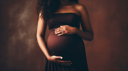 A pregnant woman hugs her belly. Generative AI, - obrazy, fototapety, plakaty