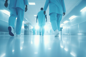 Medical personnel finishing their shift at the hospital, walking through the corridors to return to their homes.copy space