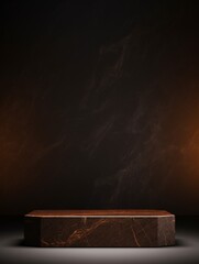 Brown Marble Minimalistic Product Podium. The Stage for Product Presentation on Black Background. Geometric Platform Pedestal. Ai Generated Vertical Podium Mockup for a Product advertisement.