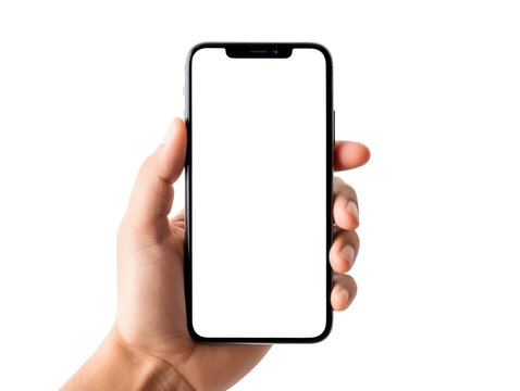 Hand holding Smartphone Mockup on White Background. Phone in vertical position.