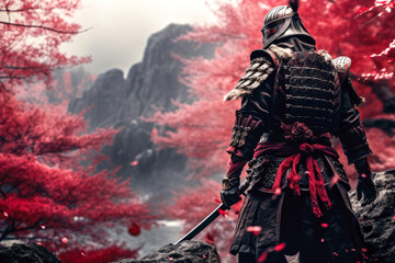 Samurai warrior with sword in the forest. Fantasy, fantasy. - obrazy, fototapety, plakaty