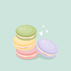 Cute yummy macarons vector illustration. Rose, yellow, green and purple
