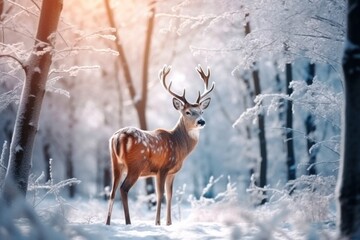 A lonely deer with large horns against the background of a winter forest. Winter Christmas holiday.