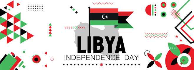  Libya national or independence day banner design for country celebration. Flag and map of Libya with modern retro design and abstract geometric icons. Vector illustration. - Powered by Adobe