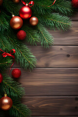 brown wooden background with fir tree branches and christmas decorations with space for text, christmas background