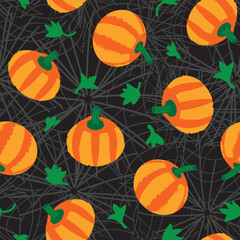 Orange pumpkins seamless vector border. Repeating hand drawn pumpkin silhouette with leaves on spiderweb backdrop. . Halloween banner for party decor, ribbons or Farmers Market marketing