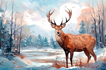 A lonely deer with large horns in winter forest. Winter Christmas holiday. Watercolor