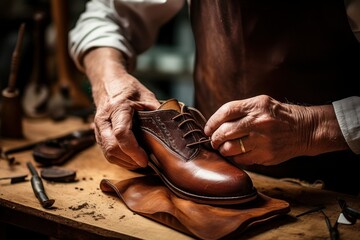 An elderly shoemaker repairing leather shoes. Close-up photo of the shoemaker at work. Master cobbler repairing footwear.