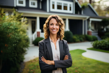 Generated imageConfident American female real estate agent stands proudly outside a modern home, radiating expertise and approachability, ready to assist potential buyers. - obrazy, fototapety, plakaty