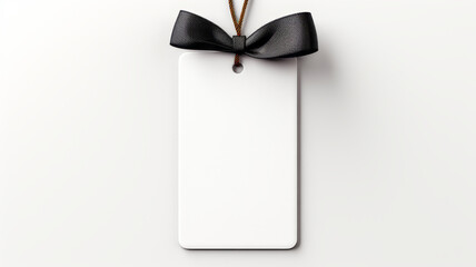 A blank gift tag tied with red ribbon on a white - obrazy, fototapety, plakaty