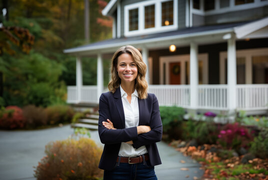 Generated imageConfident American female real estate agent stands proudly outside a modern home, radiating expertise and approachability, ready to assist potential buyers.