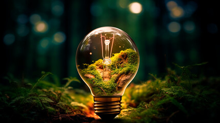 Light bulb in soil in nature. Generative AI,