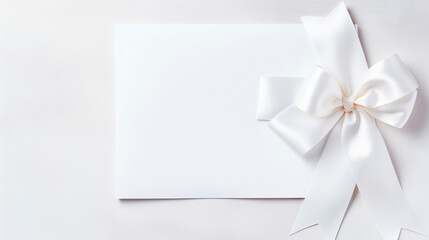 Blank white sheet of paper with a silk ribbon gift bow. Generative AI, - obrazy, fototapety, plakaty