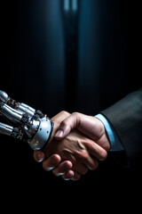 Robot and man shake hands. Generative AI,