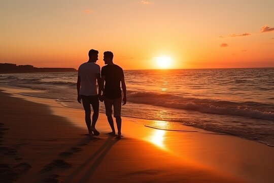 Loving gay couple on beach at sunset. Summer vacation together. Love, ocean, male couple walking in nature. Romantic moment of a couple.