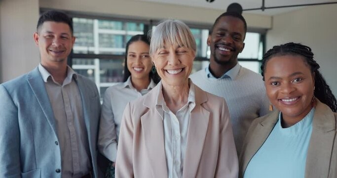 Lawyer group, face and smile in office with diversity for teamwork, compliance or legal agency. Men, women and leader in workplace at corporate law firm for attorney, advocate or happy for solidarity