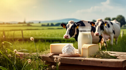 Obraz premium Milk and dairy products against the backdrop of a meadow with grazing cows. Generative AI,