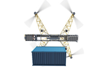 A large drone transports a sea container (shipping container). The near future. Drone: 3D model, background: photo. 3d illustration. Isolated on white background.