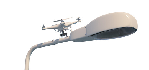 An aerial drone (quadcopter) is a robot character with remote or independent control. The robot looks menacingly. 3d illustration. White background.