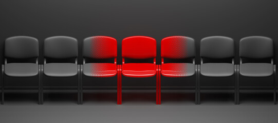 An illuminated chair that attracts attention in the middle of empty chairs. A conceptual image on the topic: leadership, standing out from the crowd, differing from each other. 3D Illustration.