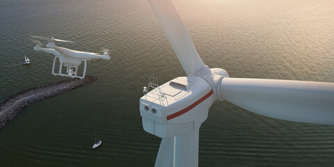 A drone (quadcopter) flying to a wind turbine (wind farm). As a concept of sustainable energy and the use of technologies to improve the efficiency of energy production. 3D Illustration.