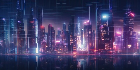 AI Generated. AI Generative. Neone glowing pink purple city urban future background landscape. Retro synthwave vibe graphic