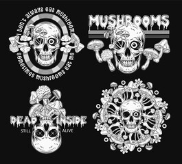 Labels with colorful fantasy mushrooms, human skull, text. Crazy mad skull with single eye and growing through mushrooms. Illustrations on black background. Vintage style.