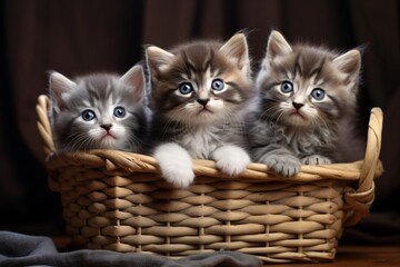 Trio of kittens snuggled in wicker basket on a wooden background. Cute and funny pets. Design for banner, poster, wallpaper