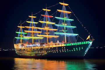 Sailing ship decorated with colorful Christmas lights at night, winter season