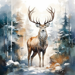a drawn deer with antlers standing in the forest, in the style of atmospheric color washes