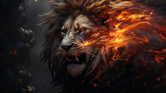 Dramatic image of a lion with fiery mane and glowing eyes, set against a dark, smoky background, depicting power and intensity