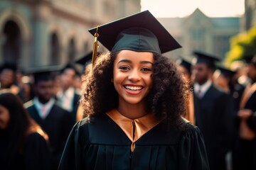 Portrait of a smiling african american female graduate in cap and gown looking at camera against the background of university graduates. Education and success concept