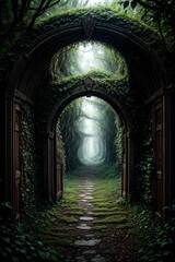 Obraz premium A way to freedom. Dirt road in green meadow in open door of ancient house. Photo toned in brown color. Generative AI