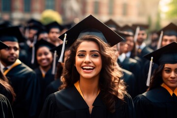 Portrait of a smiling  female graduate in cap and gown looking at camera against the background of university graduates. Education concept 