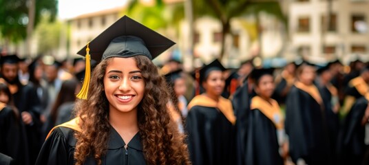 Obraz premium Portrait of a smiling female graduate in cap and gown looking at camera against the background of university graduates. Education, goal or university, opy space for text