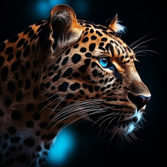 leopard close up on dark background, in the style of fine art photography