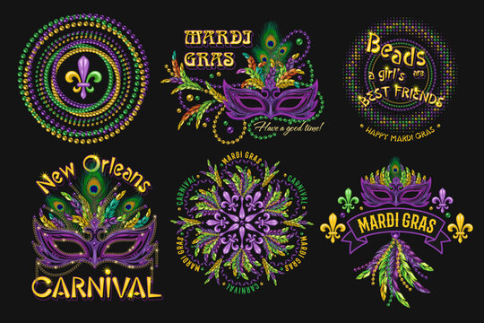 Set of 6 colorful labels with text for carnival Mardi Gras decoration in vintage style on black background. For prints, clothing, t shirt, holiday goods, stuff, surface design.