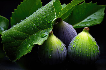 Ripe appetizing figs with green leaves