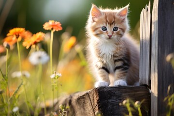 Naklejka na ściany i meble Kitten perched on a wooden beam amidst vibrant flowers with sunlight. Summer nature concept. Cute feline. Suitable for a calendar, banner, or wallpaper with copy space for text