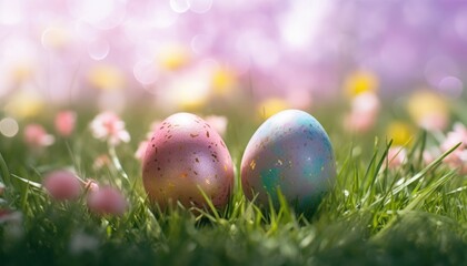 Fototapeta na wymiar Happy Easter, colorful pastel Easter eggs, sunny spring day - Easter banner background with copy space for text.