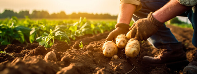 Potato harvest in the hands of a farmer. Generative AI, - obrazy, fototapety, plakaty