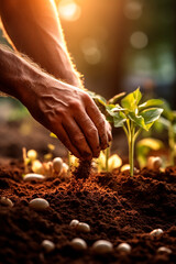 Fototapeta premium Farmer plants seeds in the garden. Generative AI,