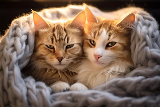 Adorable cats nestled in cozy blanket. Warm and comfy moments. Cute pets photo. Design for winter greeting card, banner, print