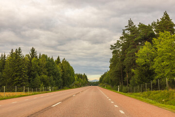 Fototapeta premium Scenic view of highway running alongside forest with trees flanking both sides and set against backdrop of cloudy sky. Sweden.