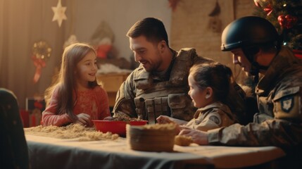 Camouflaged Soldier Bonding with Cheerful Family during Christmas Reunion