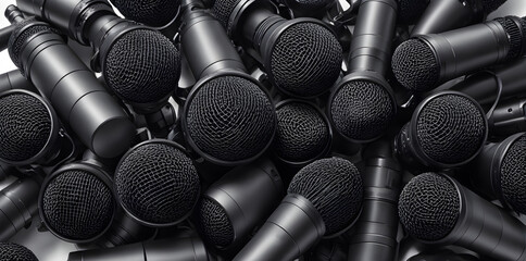 Singer's microphone. many reporters holding microphones for interviews. - obrazy, fototapety, plakaty