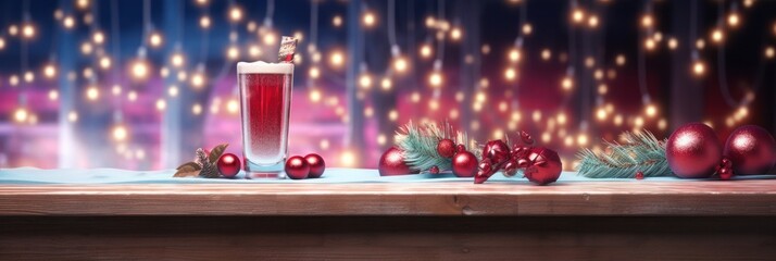 Christmas Cocktails -  Vodka and Cranberry Drinks with Fir Branches and Glowing Garland on Wooden Background